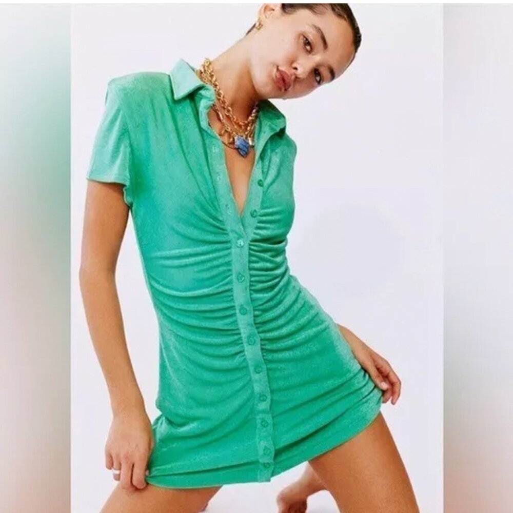With Jean Alexa Mini Dress in Juicy Green Ruched Button Down - Size XS